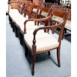 A Set of Eight Regency Mahogany Dining Chairs, including two carvers One side chair with repaired