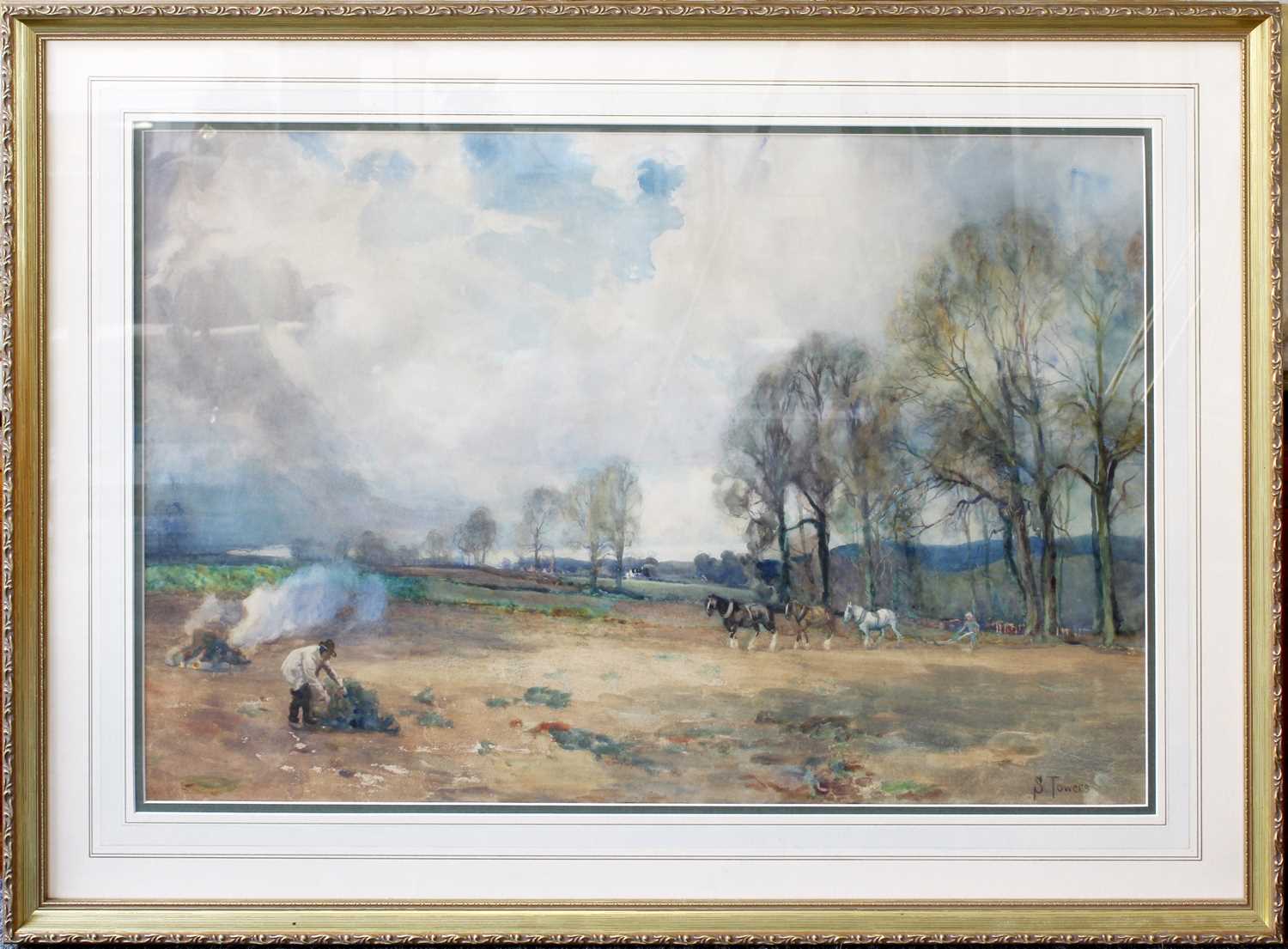 Samuel Towers (1862-1943) Extensive farm scene with horses pulling a plough Signed watercolour, - Image 4 of 4