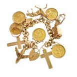 A Trace Link Bracelet, stamped '9' and '.375; suspending twelve charms including a horse, a cross,