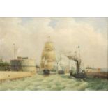 British School (19th/20th century) Steam ships and masted ships at a harbour wall Oil on canvas,