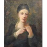 Bristish School (19th Century) Portrait of a lady pinning flowers to her chest Oil on canvas, 59.5cm