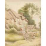 Circle of Myles Birkett Foster Man mending chair outside country cottage, Bears monogram, together