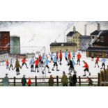 John Hanley (b.1947) Football match reds v's blues Signed, oil on board, 48cm by 68cm