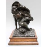 A 20th-century Verdigris Bronze Sculpture of a Seated Nude , mounted on an oak base, unsigned, 26.