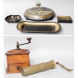 A Victorian Papier Mache Inkstand with Glass Bottle, a papier mache sweetmeat dish, snuff box and