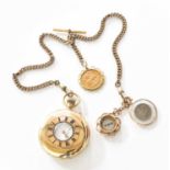 A 9 Carat Gold Half Hunter Pocket Watch, by J W Benson, with gold plated watch chain suspending a