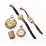 Two Lady's 9 Carat Gold Wristwatches, Plated Lady's Fob Watch, Plated Open Faced Pocket Watch and