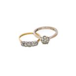 A 9 Carat White Gold Diamond Cluster Ring, finger size O; and A Diamond Five Stone Ring, stamped '