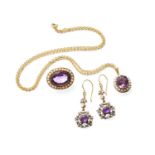 A Pair of Amethyst, Diamond and Split Pearl Drop Earrings, the round amethyst cabochon within a