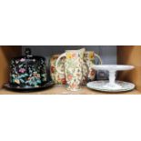 A Collection of Assorted Ceramics, including a cheese dish and cover painted with flowers on a black