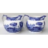 A Pair of 19th century Style Pottery Jugs, transfer printed in underglaze blue with continuing