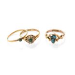 An 18 Carat Gold Turquoise and Diamond Cluster Ring, finger size Q1/2 (a.f.); A 9 Carat Gold