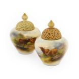 A Pair of Royal Worcester Porcelain Pot Pourri Vases and Covers, by Harry Stinton, 1909, of ovoid