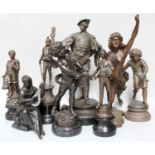 A Bronze Figure of a Winged Drummer Boy, Assorted Spelter Figures, etc (9)