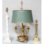 A Brass Three Light Table Lamp with Toleware Shade, a similar Corinthian column example and a