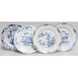 Four Chinese Porcelain Plates, Qianlong, painted in underglaze blue, with landscapes etc (4)