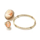 A 9 Carat Gold Cameo Ring, finger size M; A Hinged Bangle, stamped '375', inner measurements 6.2cm