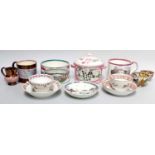 Sunderland Lustre Pottery, including two butter tubs (one covered), a mug bat printed with