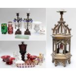 19th Century and Later Glass, including a bohemian ruby vase and cover, similar scent bottle, and