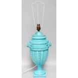 A Gien Majolica Classical Style Urn and Cover mounted as a table lamp, turquoise glaze and with lion