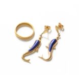 A 22 Carat Gold Band Ring, finger size L; and A Pair of Lapis Lazuli Drop Earrings, realistically