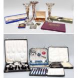 A Pair of Pierced Silver Spill Vases, Cased and Boxed Flatware, Costume Jewellery and A Small