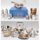 A Collection of Assorted Silver and Silver Plate, the silver including a sauceboat, by C. J.