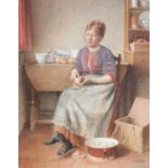 Attributed to Phillip Dolan (19th Century) Seated lady peeling potatoes in an interior Signed,