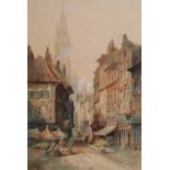 Charles J Keats (19th/20th Century) Continental street scene with flower market Signed, watercolour,