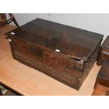 An 18th Century Carved Oak and Marquetry Inlaid Bible Box, with iron brackets and lock plate, 74cm