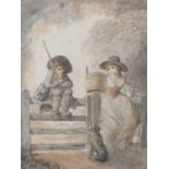 Attributed to Henry William Bunbary (1750-1811) Figures and dog at rest by a gate Pencil and