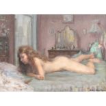 Robin Goodwin (1909-1997) Nude at rest on her bed Signed oil on canvas, 39.5cm by 55cm