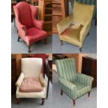 An Edwardian Armchair in Striped Green Fabric; together with a Victorian mahogany framed armchair, a