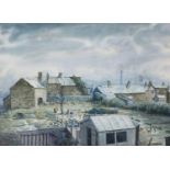 Wilfred Ball (20th Century) Farmyard before an industrial landscape Signed watercolour, 35cm by