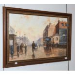 Kevin Walsh (b.1950) Victorian street scene with trams Signed, oil on canvas, 50cm by 75cm
