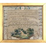 An Early 19th Century Alphabet and Pictorial Sampler worked on linen with a central verse; 'Defer