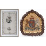 A Victorian Beadwork Panel of Royal Coat of Arms within a thistle and floral carved oak frame of