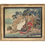 19th Century Silk and Wool Embroidered Picture, depicting a gent with a harp seated on a rocky