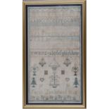 Alphabet Sampler Worked by Sarah Lambshead Dated 1845, worked on a linen backing cloth with