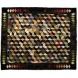 Circa 1890 English Patchwork Quilt worked in tumbling block pattern incorporating velvet and silk