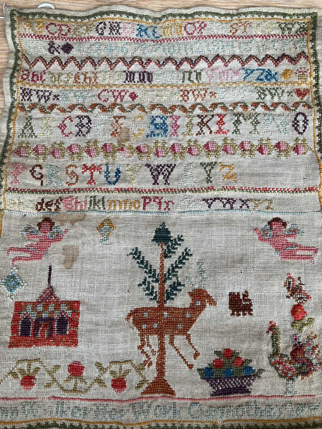 Unframed 19th Century Sampler Worked by Ann Walker, Osmotherley, comprising a stag to the centre - Image 4 of 7