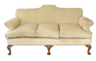 A George III-Style Three-Seater Sofa, recovered in pink, green and cream geometric fabric, with