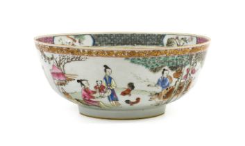 A Chinese Porcelain Large Bowl, Qianlong, painted in famille rose enamels with figures and farm