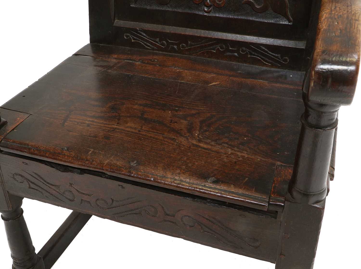 A Late 17th Century Joined Oak and Carved Wainscot Armchair, probably Scottish, the top rail - Image 2 of 4