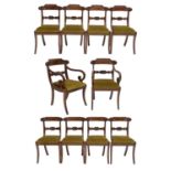 A Set of Ten (8+2) Carved Mahogany and Brass-Inlaid Dining Chairs, circa 1820-30, recovered in green
