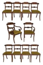 A Set of Ten (8+2) Carved Mahogany and Brass-Inlaid Dining Chairs, circa 1820-30, recovered in green
