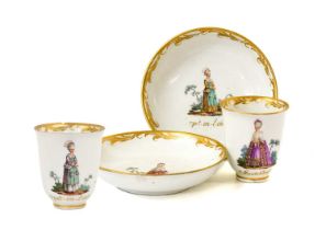 A Pair of Vienna Porcelain Coffee Cups and Saucers, circa 1770, painted with elegant ladies,