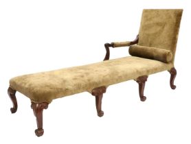 A George II-Style Walnut-Framed Day Bed, recovered in light brown velvet, with padded back support