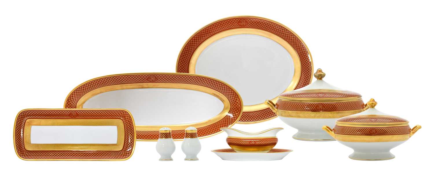 A Bernardaud Limoges Porcelain Vintimille Part Dinner Service, gilt with a monogram on a coral