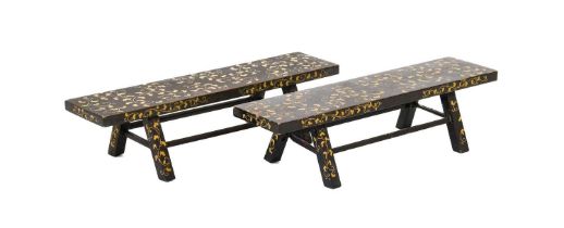 A Pair of Japanese Lacquer Miniature Tables, Meiji period, the rectangular tops on splay legs tied